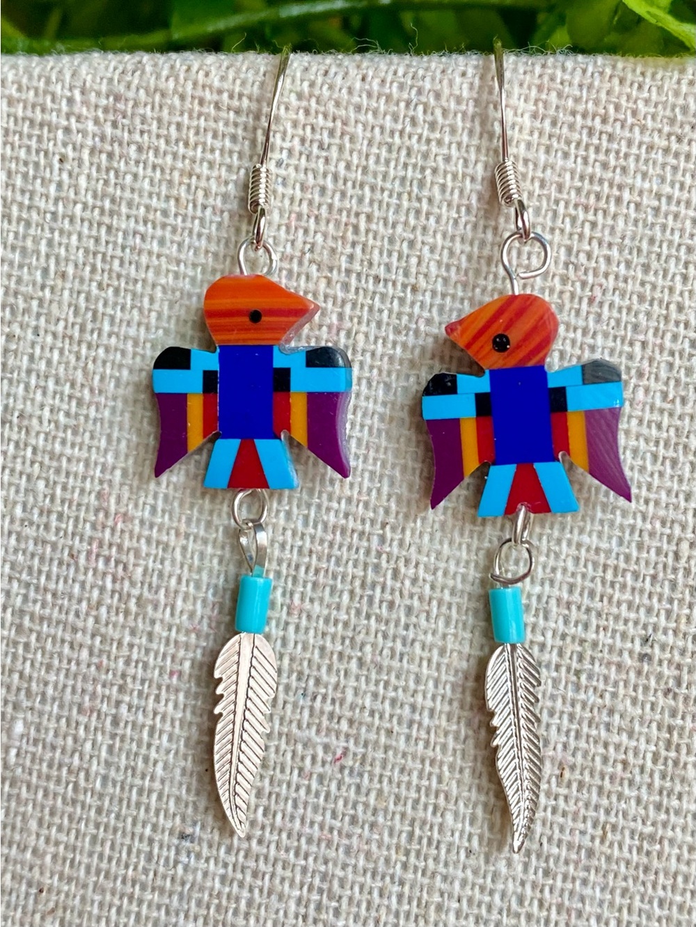 E6 Inlay multi-gemstone thunderbird sterling silver dangle earrings | size 1.25”